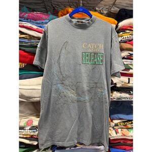 Vintage 90s Essential Catch and Release Fishing T-Shirt Grey Single Stitch L